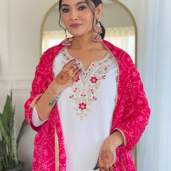 Women's White BSY Viscose Embroidered Straight Kurta with Pant & Silk Blend Dupatta Set with Full Inner