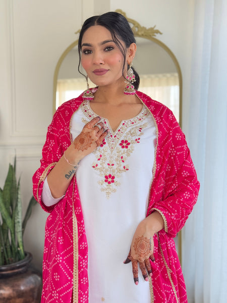 Women's White BSY Viscose Embroidered Straight Kurta with Pant & Silk Blend Dupatta Set with Full Inner