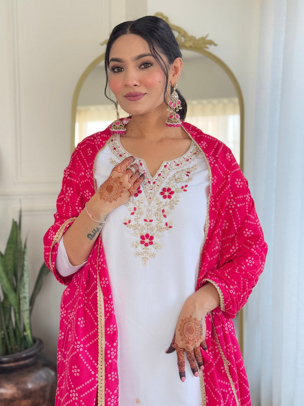 Women's White BSY Viscose Embroidered Straight Kurta with Pant & Silk Blend Dupatta Set with Full Inner