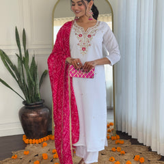 Women's White BSY Viscose Embroidered Straight Kurta with Pant & Silk Blend Dupatta Set with Full Inner