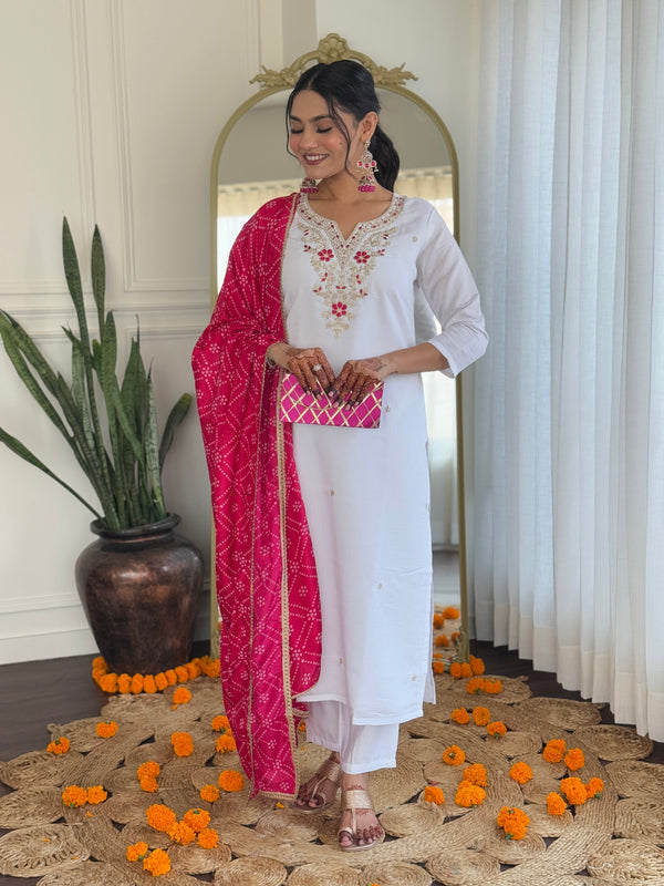 Women's White BSY Viscose Embroidered Straight Kurta with Pant & Silk Blend Dupatta Set with Full Inner