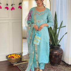 Women's Viscose Embroidered Straight Kurta with Viscose Pant & Printed Dupatta Set