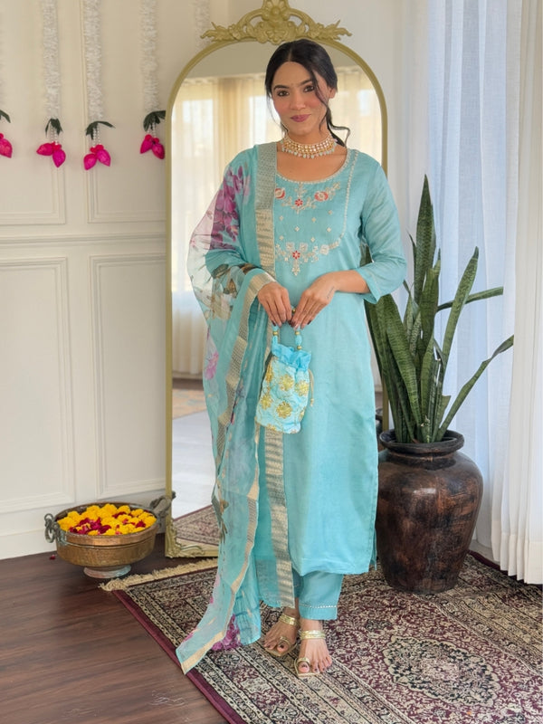 Women's Viscose Embroidered Straight Kurta with Viscose Pant & Printed Dupatta Set
