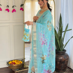 Women's Viscose Embroidered Straight Kurta with Viscose Pant & Printed Dupatta Set