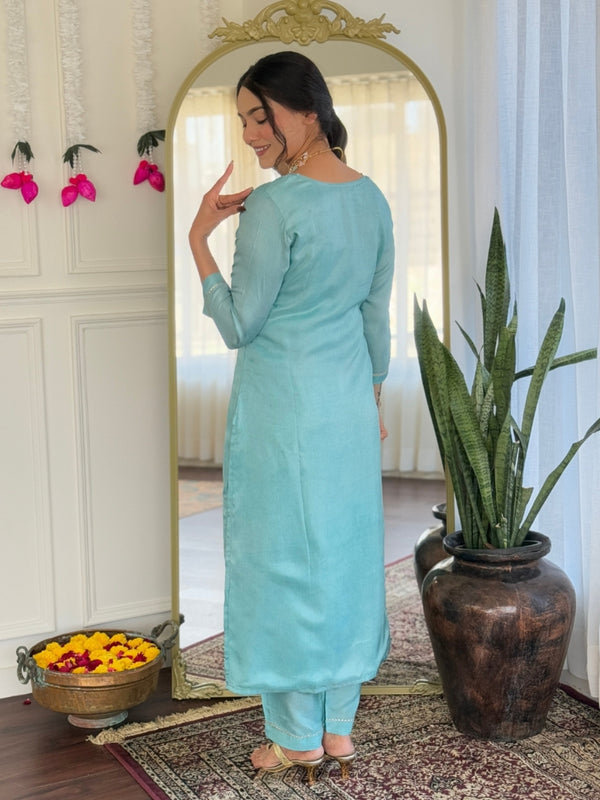 Women's Viscose Embroidered Straight Kurta with Viscose Pant & Printed Dupatta Set