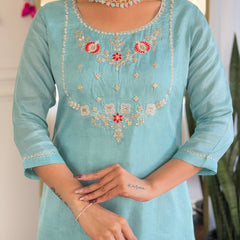 Women's Viscose Embroidered Straight Kurta with Viscose Pant & Printed Dupatta Set