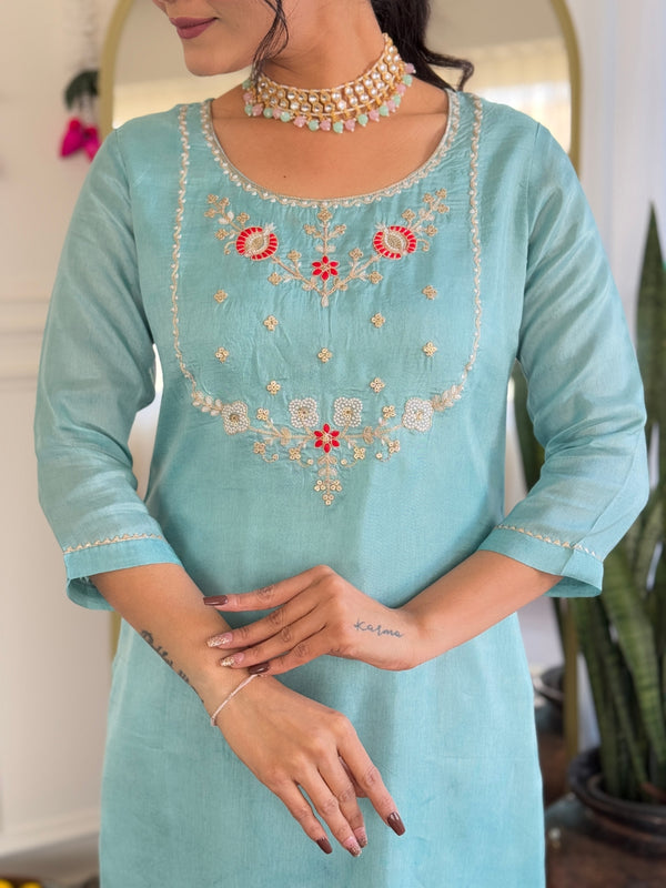 Women's Viscose Embroidered Straight Kurta with Viscose Pant & Printed Dupatta Set