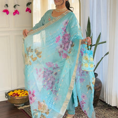 Women's Viscose Embroidered Straight Kurta with Viscose Pant & Printed Dupatta Set