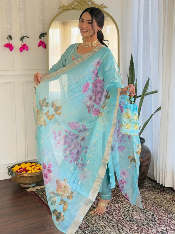 Women's Viscose Embroidered Straight Kurta with Viscose Pant & Printed Dupatta Set