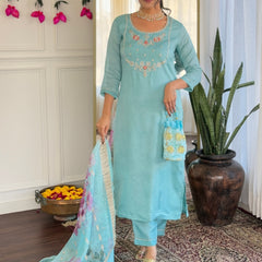 Women's Viscose Embroidered Straight Kurta with Viscose Pant & Printed Dupatta Set