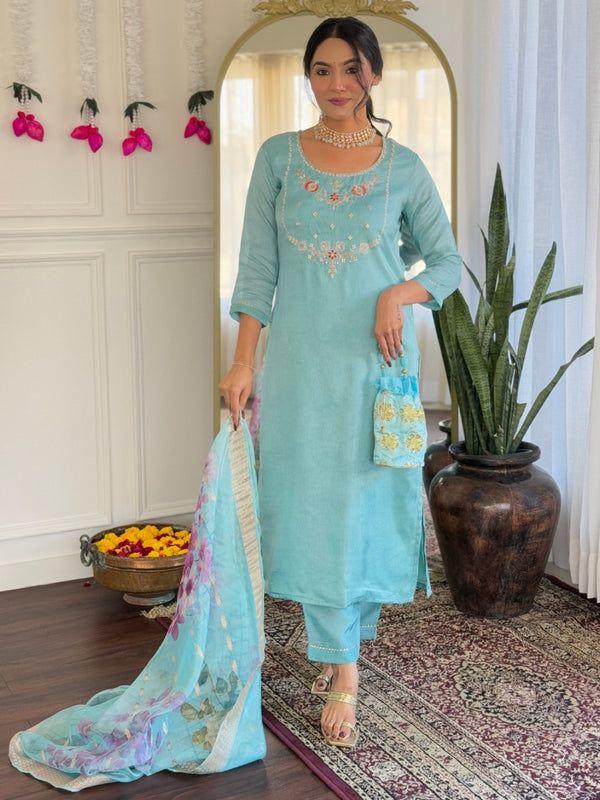 Women's Viscose Embroidered Straight Kurta with Viscose Pant & Printed Dupatta Set