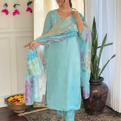 Women's Viscose Embroidered Straight Kurta with Viscose Pant & Printed Dupatta Set