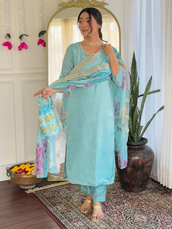 Women's Viscose Embroidered Straight Kurta with Viscose Pant & Printed Dupatta Set
