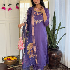 Women's Viscose Embroidered Straight Kurta with Viscose Pant & Printed Dupatta Set