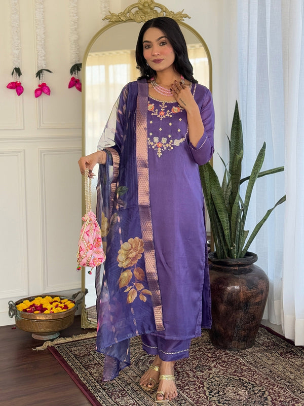 Women's Viscose Embroidered Straight Kurta with Viscose Pant & Printed Dupatta Set
