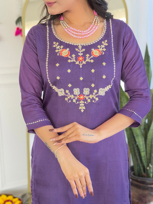 Women's Viscose Embroidered Straight Kurta with Viscose Pant & Printed Dupatta Set