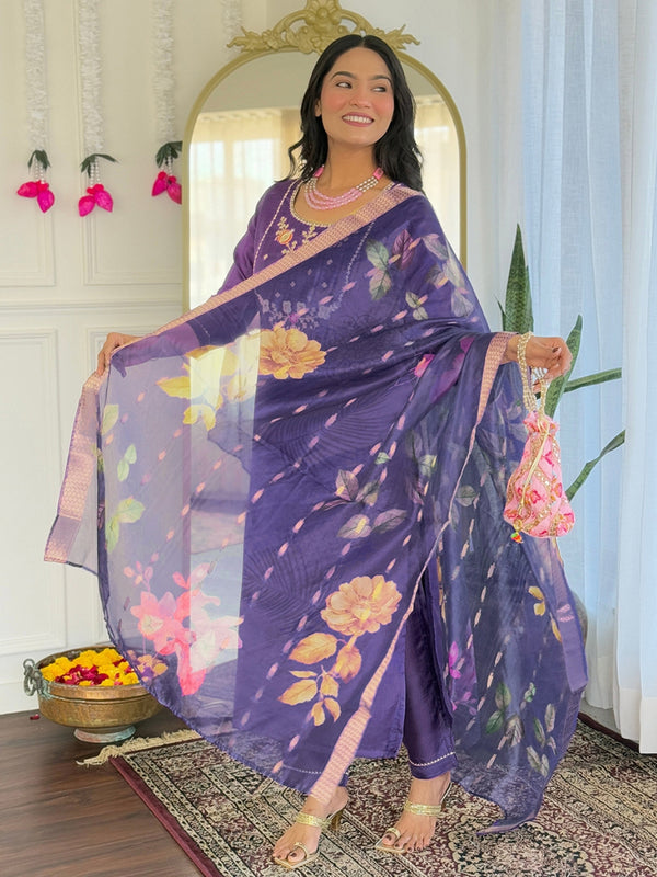 Women's Viscose Embroidered Straight Kurta with Viscose Pant & Printed Dupatta Set