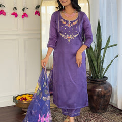 Women's Viscose Embroidered Straight Kurta with Viscose Pant & Printed Dupatta Set