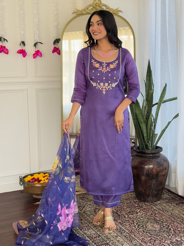 Women's Viscose Embroidered Straight Kurta with Viscose Pant & Printed Dupatta Set