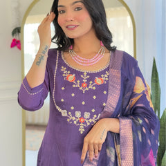 Women's Viscose Embroidered Straight Kurta with Viscose Pant & Printed Dupatta Set