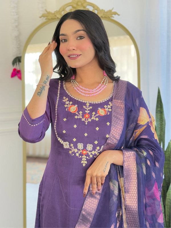 Women's Viscose Embroidered Straight Kurta with Viscose Pant & Printed Dupatta Set