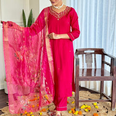 Women's Red Viscose Embroidered Straight Kurta with Viscose Pant & Organza Dupatta Set
