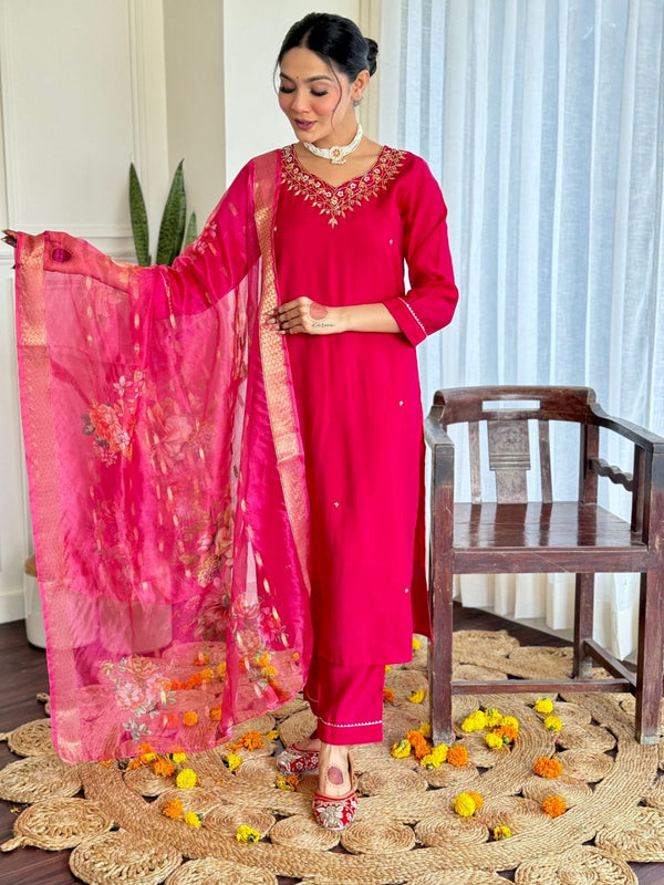 Women's Red Viscose Embroidered Straight Kurta with Viscose Pant & Organza Dupatta Set