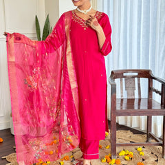 Women's Red Viscose Embroidered Straight Kurta with Viscose Pant & Organza Dupatta Set