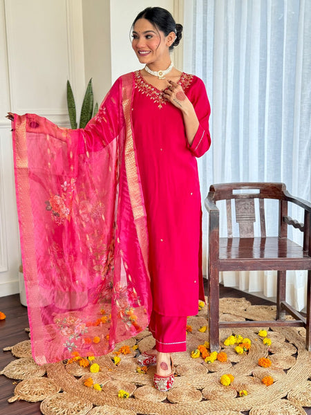Women's Red Viscose Embroidered Straight Kurta with Viscose Pant & Organza Dupatta Set