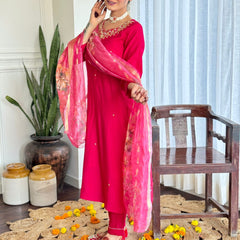Women's Red Viscose Embroidered Straight Kurta with Viscose Pant & Organza Dupatta Set