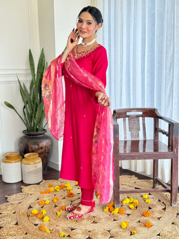 Women's Red Viscose Embroidered Straight Kurta with Viscose Pant & Organza Dupatta Set