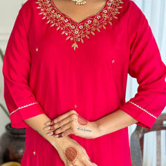 Women's Red Viscose Embroidered Straight Kurta with Viscose Pant & Organza Dupatta Set
