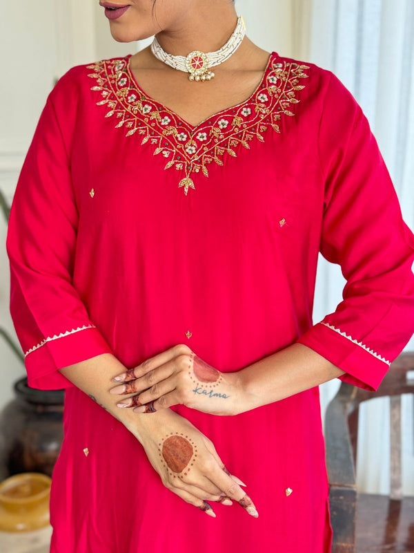 Women's Red Viscose Embroidered Straight Kurta with Viscose Pant & Organza Dupatta Set