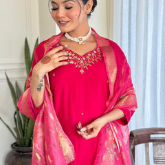 Women's Red Viscose Embroidered Straight Kurta with Viscose Pant & Organza Dupatta Set