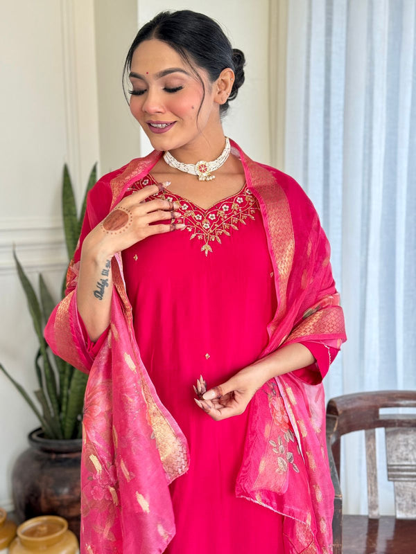 Women's Red Viscose Embroidered Straight Kurta with Viscose Pant & Organza Dupatta Set