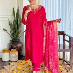 Women's Red Viscose Embroidered Straight Kurta with Viscose Pant & Organza Dupatta Set
