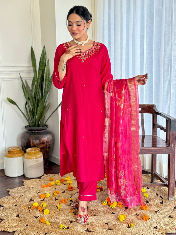 Women's Red Viscose Embroidered Straight Kurta with Viscose Pant & Organza Dupatta Set