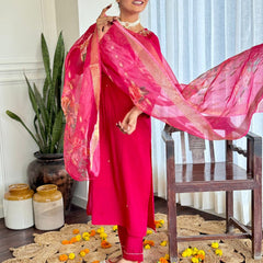Women's Red Viscose Embroidered Straight Kurta with Viscose Pant & Organza Dupatta Set