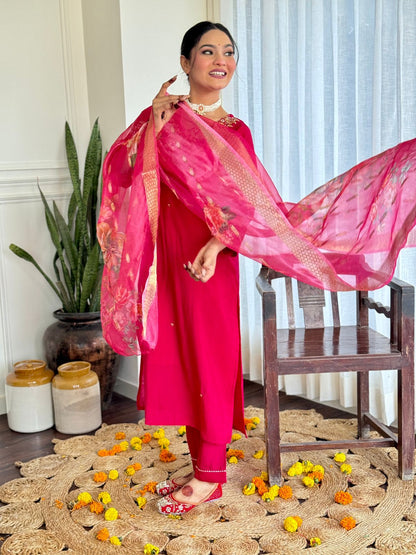 Women's Red Viscose Embroidered Straight Kurta with Viscose Pant & Organza Dupatta Set