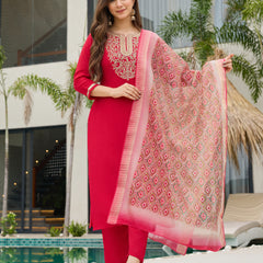 Women's Rayon Slub Embroidered Straight Kurta with Pant & Dupatta Set