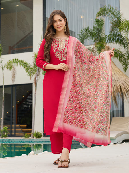 Women's Rayon Slub Embroidered Straight Kurta with Pant & Dupatta Set