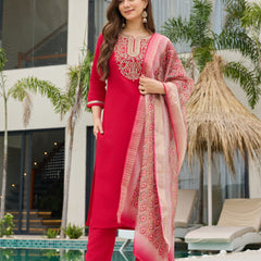 Women's Rayon Slub Embroidered Straight Kurta with Pant & Dupatta Set