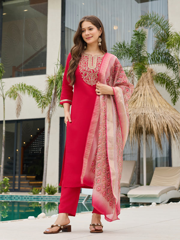 Women's Rayon Slub Embroidered Straight Kurta with Pant & Dupatta Set