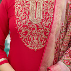 Women's Rayon Slub Embroidered Straight Kurta with Pant & Dupatta Set