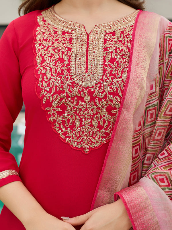 Women's Rayon Slub Embroidered Straight Kurta with Pant & Dupatta Set