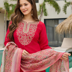 Women's Rayon Slub Embroidered Straight Kurta with Pant & Dupatta Set