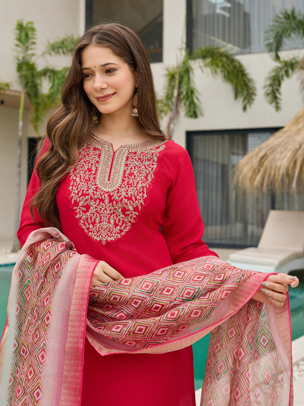 Women's Rayon Slub Embroidered Straight Kurta with Pant & Dupatta Set