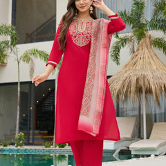 Women's Rayon Slub Embroidered Straight Kurta with Pant & Dupatta Set