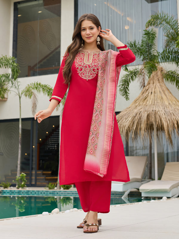 Women's Rayon Slub Embroidered Straight Kurta with Pant & Dupatta Set