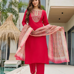 Women's Rayon Slub Embroidered Straight Kurta with Pant & Dupatta Set